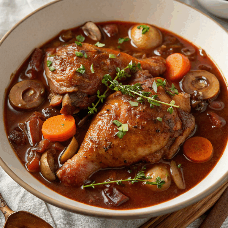 Coq au vin avec l&eacute;gumes